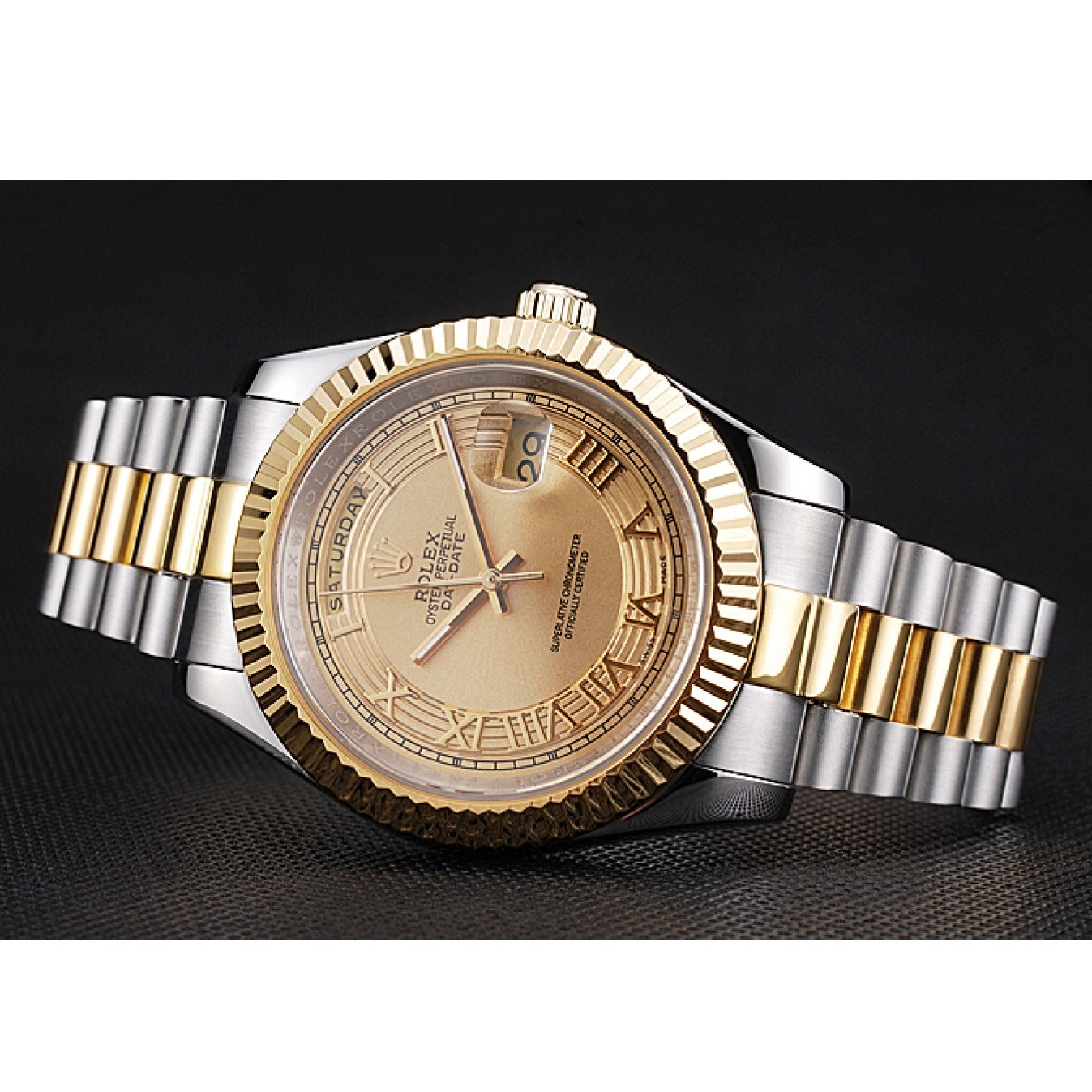 Aaa replica watch Rolex Gold 18k Gold Steel Stainless Two Plated Day-Date Dial Tone 0712